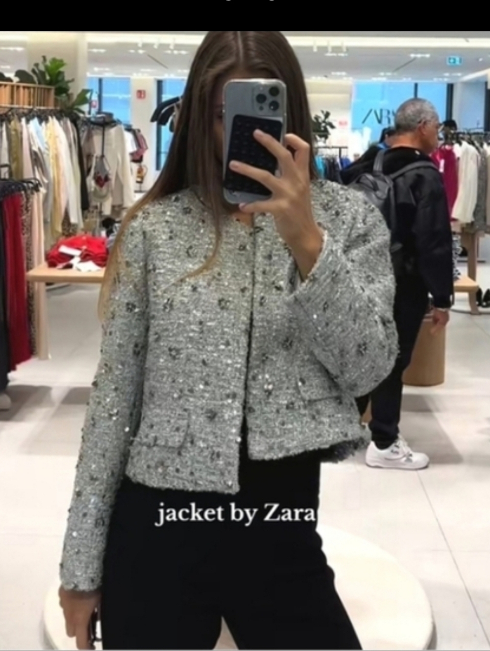 Zara tweed textured sequined blazer  silver gray size XL - Picture 7 of 14